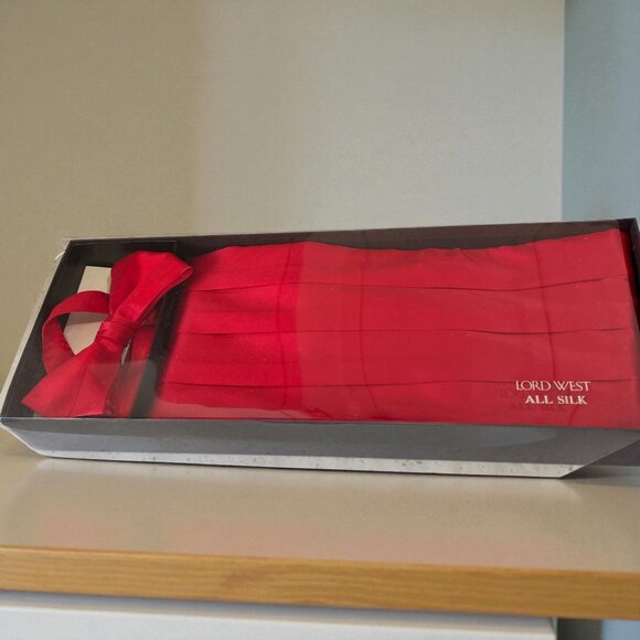 Lord West Red Silk Cummerbund Bow Tie Set Formal Tuxedo Wedding Prom Classic - Picture 1 of 7